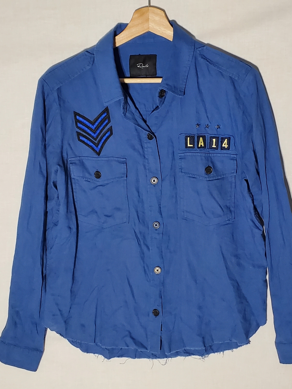 Rails Navy Blue Shirt Black Logo Patch Military Airforce Linen Blend Raw Hem Top